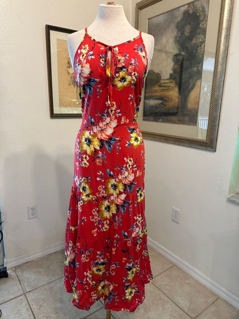 Band of Gypsies Red Floral Boho Maxi Dress w/Adjustable Straps Size Large